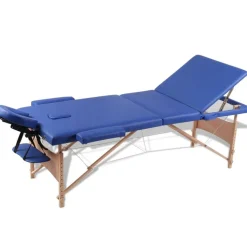 Blå sammefoldeligt massagebord, 3 zoner med træramme