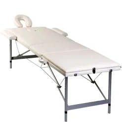 Cremefarvet sammenfoldeligt massagebord med aluminiumsstel,3 zoner