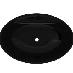 Keramisk badeværelsesvask basin vandhane/overfyldningshul sort oval