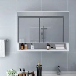 vidaXL badeværelsesskab med spejl + LED 80x15x60 cm MDF hvid