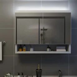 vidaXL badeværelsesskab med spejl + LED 80x15x60 cm MDF hvid