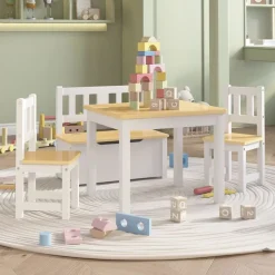 vidaXL bord- og stolesæt til børn 4 dele MDF hvid og beige