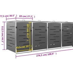 vidaXL firedobbelt skraldespandsskjuler 276,5x77,5x112,5 rustfrit stål