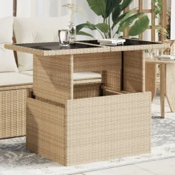 vidaXL havebord med glastop 100x55x73 cm polyrattan beige