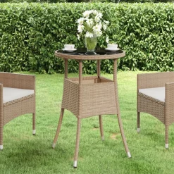 vidaXL havebord Ø60x75 cm hærdet glas og polyrattan beige