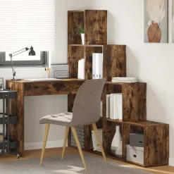 vidaXL Hjørneskrivebord med hylde Røget eg 101,5 x 149,5 x 149,5 cm