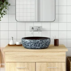 vidaXL håndvask til bordplade Φ41x14 cm rund keramik sort og blå