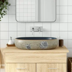 vidaXL håndvask til bordplade 59x40x14 cm oval keramik sand og blå