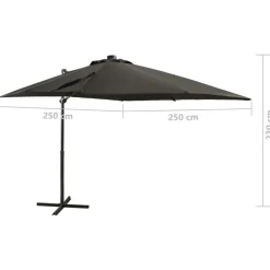 vidaXL hængeparasol med stang og LED-lys 250 cm antracitgrå