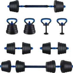 vidaXL 4-i-1 Håndvægte Barbell Kettlebell Sæt 30kg 30kg Sort og Blå