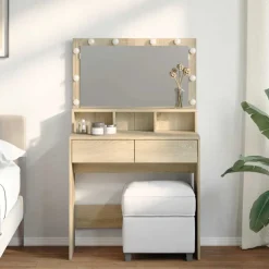 vidaXL makeupbord med LED-lys 80x41x134,5 cm brun sonoma-eg