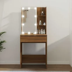 vidaXL makeupbord med LED-lys 60x40x140 cm brun egetræsfarve