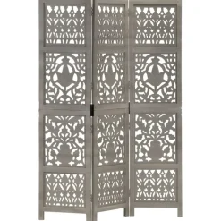 vidaXL 3-panels rumdeler håndskåret 120 x 165 cm massivt mangotræ grå