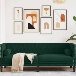vidaXL 3-personers Chesterfield-sofa med bolsterpuder fløjl mørkegrøn