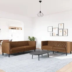 vidaXL 2-personers Chesterfield-sofasæt kunstlæder brun