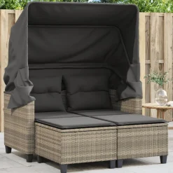 vidaXL 2-personers havesofa med baldakin og skamler polyrattan lysegrå