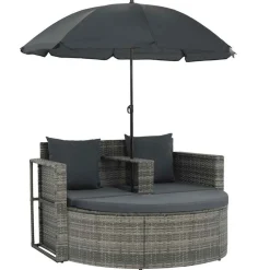 vidaXL 2-personers havesofa med hynder og parsol polyrattan grå