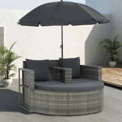 vidaXL 2-personers havesofa med hynder og parsol polyrattan grå