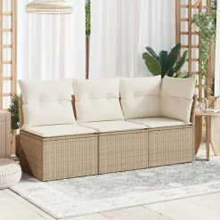 vidaXL 3-personers havesofa med hynder polyrattan beige