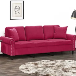 vidaXL 3-personers sofa med pyntepuder 180 cm velour vinrød