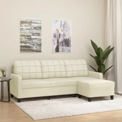 vidaXL 3-personers sofa med fodskammel 180 cm kunstlæder cremefarvet