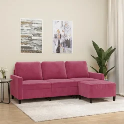 vidaXL 3-personers sofa med fodskammel 180 cm velour vinrød