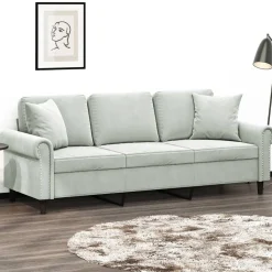 vidaXL 3-personers sofa med pyntepuder 180 cm velour lysegrå