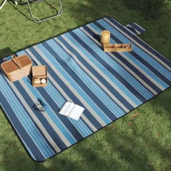 vidaXL picnictæppe 200x150 cm foldbart bølget fløjl blå og hvid