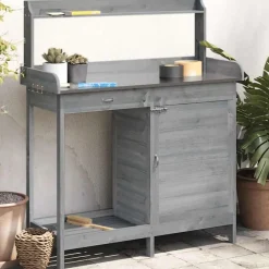 vidaXL pottebænk med skab 110,5x45x124,5 cm massivt grantræ grå