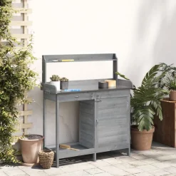 vidaXL pottebænk med skab 110,5x45x124,5 cm massivt grantræ grå