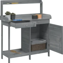 vidaXL pottebænk med skab 110,5x45x124,5 cm massivt grantræ grå