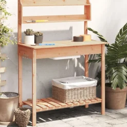 vidaXL pottebænk med vask 147,5x44x139,5 cm massivt grantræ brun