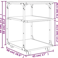 vidaXL printerstativ 43x48x64 cm 3 hylder konstrueret træ grå sonoma