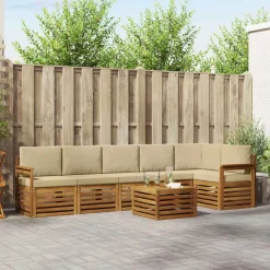 vidaXL Sektionalsofa sæt 7 pcs Naturlig og Beige Massivt Akacietræ