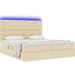 vidaXL Seng med LED-lysstrimler med hovedgærde Creme 180 x 200 cm Stof