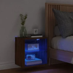 vidaXL sengebord med LED-lys væghængt brun egetræsfarve