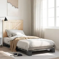 vidaXL sengeramme med sengegavl 90x200 cm massivt fyrretræ grå