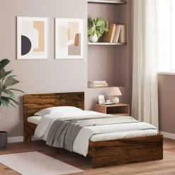 vidaXL sengeramme med sengegavl 100x200 cm konstrueret træ røget eg