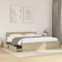 vidaXL sengeramme med sengegavl 200x200 cm konstrueret træ sonoma-eg