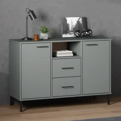 vidaXL skænk med metalben OSLO 113x40x77 cm massivt træ grå