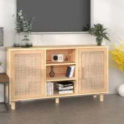 vidaXL skænk 105x30x60 cm massivt fyrretræ og naturlig rattan brun