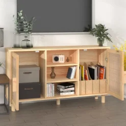 vidaXL skænk 105x30x60 cm massivt fyrretræ og naturlig rattan brun