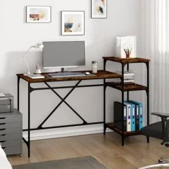 vidaXL skrivebord m. hylder 135x50x90 cm konstrueret træ jern røget eg