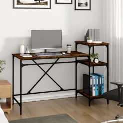 vidaXL skrivebord m. hylder 135x50x90 cm konstrueret træ jern røget eg