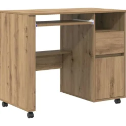 vidaXL Skrivebord med Hjul med skuffe Artisan Egetræ 91 x 50 x 77 cm