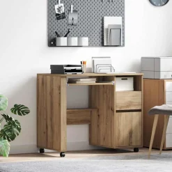 vidaXL Skrivebord med Hjul med skuffe Artisan Egetræ 91 x 50 x 77 cm