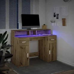 vidaXL skrivebord med LED-lys 120x55x91 cm konstrueret træ gammelt eg