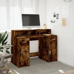 vidaXL skrivebord med LED-lys 120x55x91 cm konstrueret træ røget eg