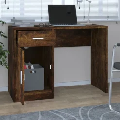 vidaXL skrivebord med skab 100x40x73 cm konstrueret træ røget egetræ