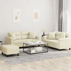 vidaXL sofasæt 3 dele med puder kunstlæder cremefarvet